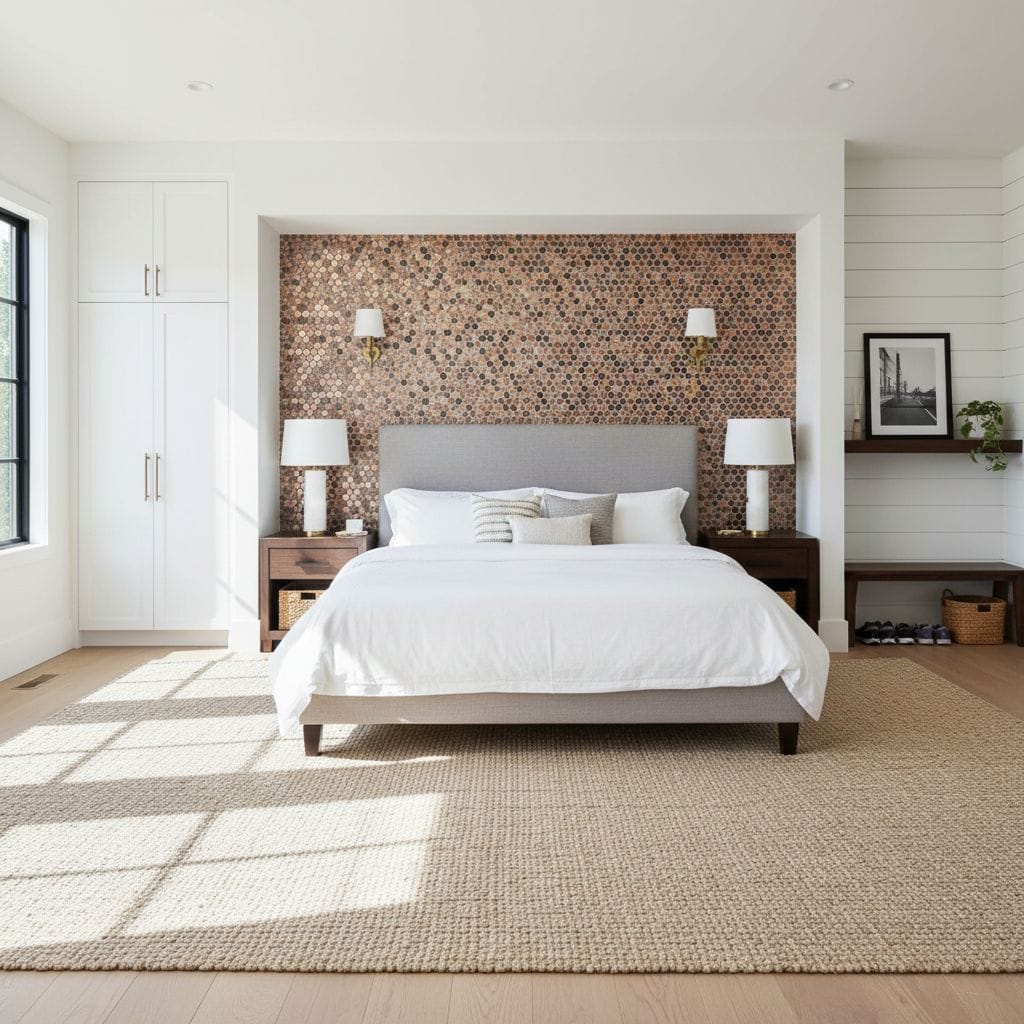 Mosaic tile wall with earthy tones behind a white bed, complemented by matching lamps and minimalist decor.