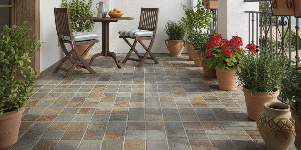Earth-tone ceramic tile with a textured surface, suitable for outdoor patios and garden spaces.