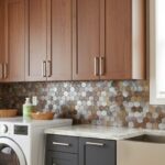 Hexagon tile backsplash with earthy tones and textured surface.