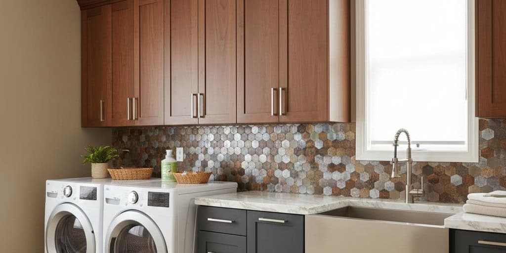 Hexagon tile backsplash with earthy tones and textured surface.