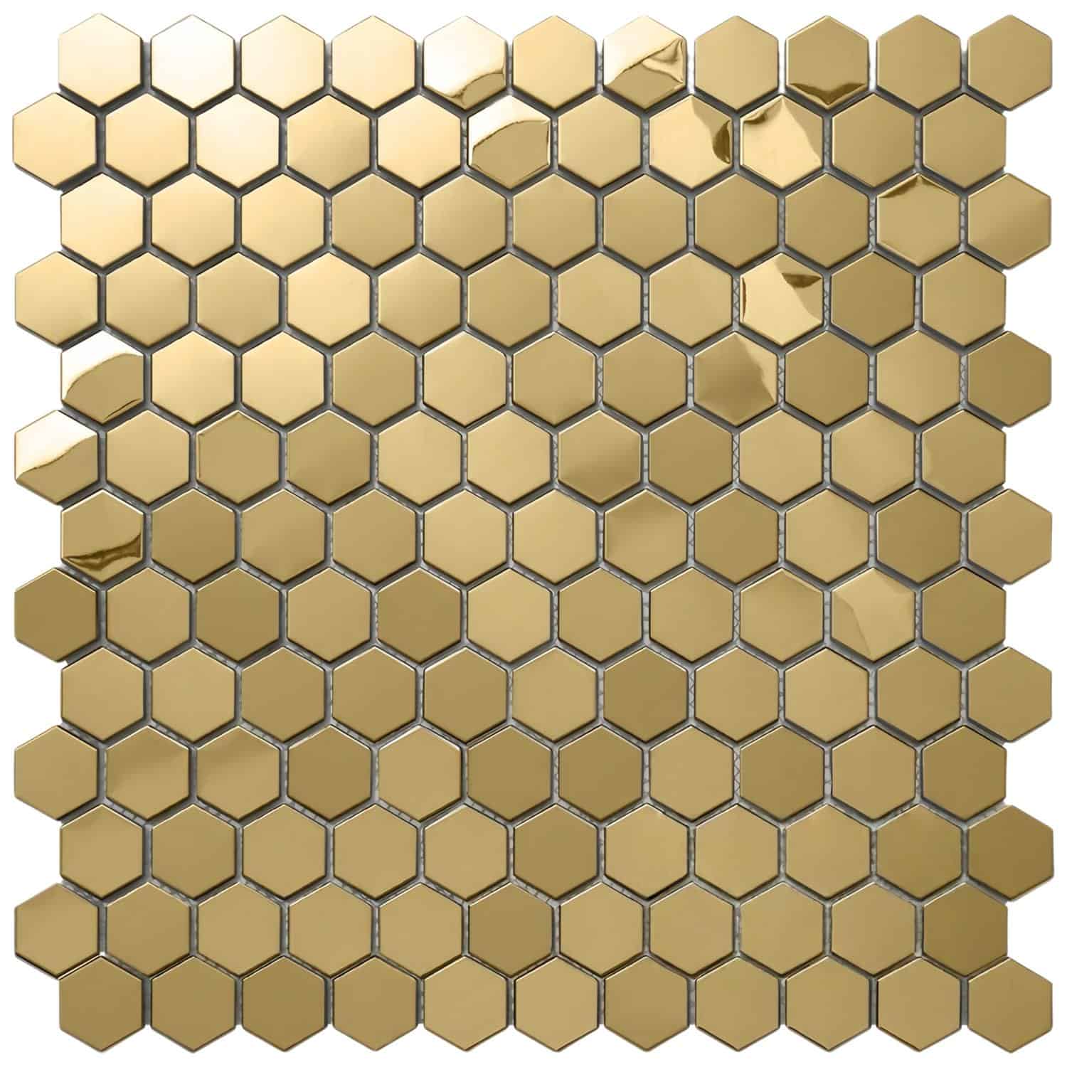Golden hexagon ceramic tile with a shiny, reflective surface and smooth texture.