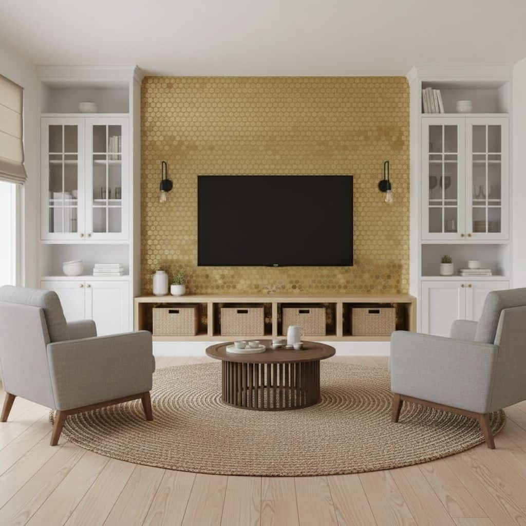 Gold hexagon tile with textured surface and matte finish.