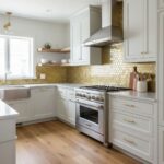 Bright gold hexagon tile backsplash with smooth texture.