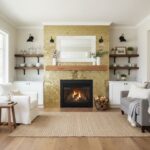 Golden hexagon textured tile with a glossy finish around the fireplace.