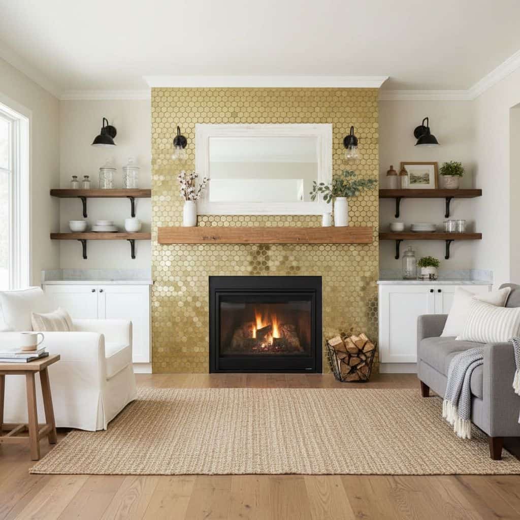 Golden hexagon textured tile with a glossy finish around the fireplace.