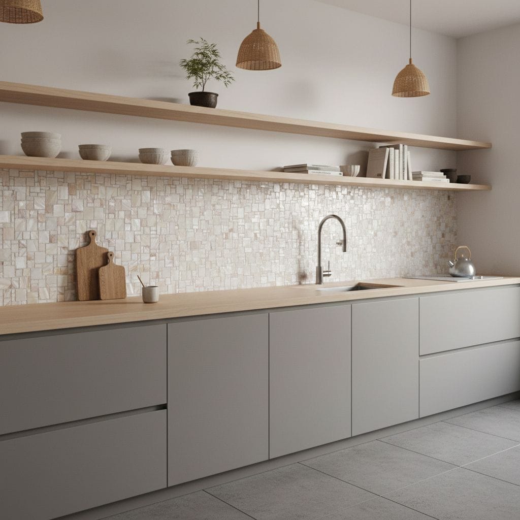 Beige mosaic tile with textured surface in a contemporary kitchen setting.
