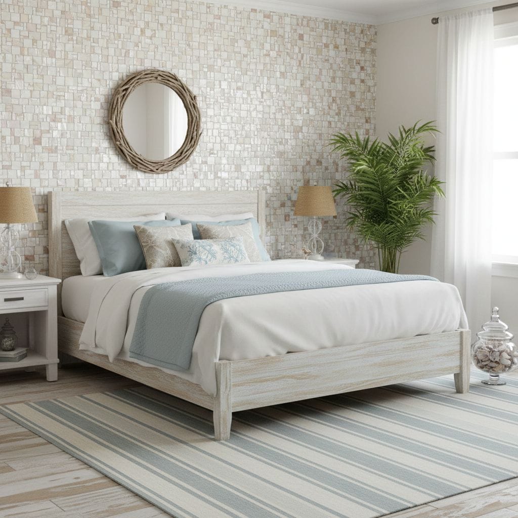 Light neutral mosaic tile with textured surface, used on bedroom wall for a calming, natural look.