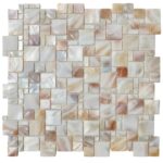 Shimmering white and beige mother of pearl mosaic tile with a smooth, glossy texture.