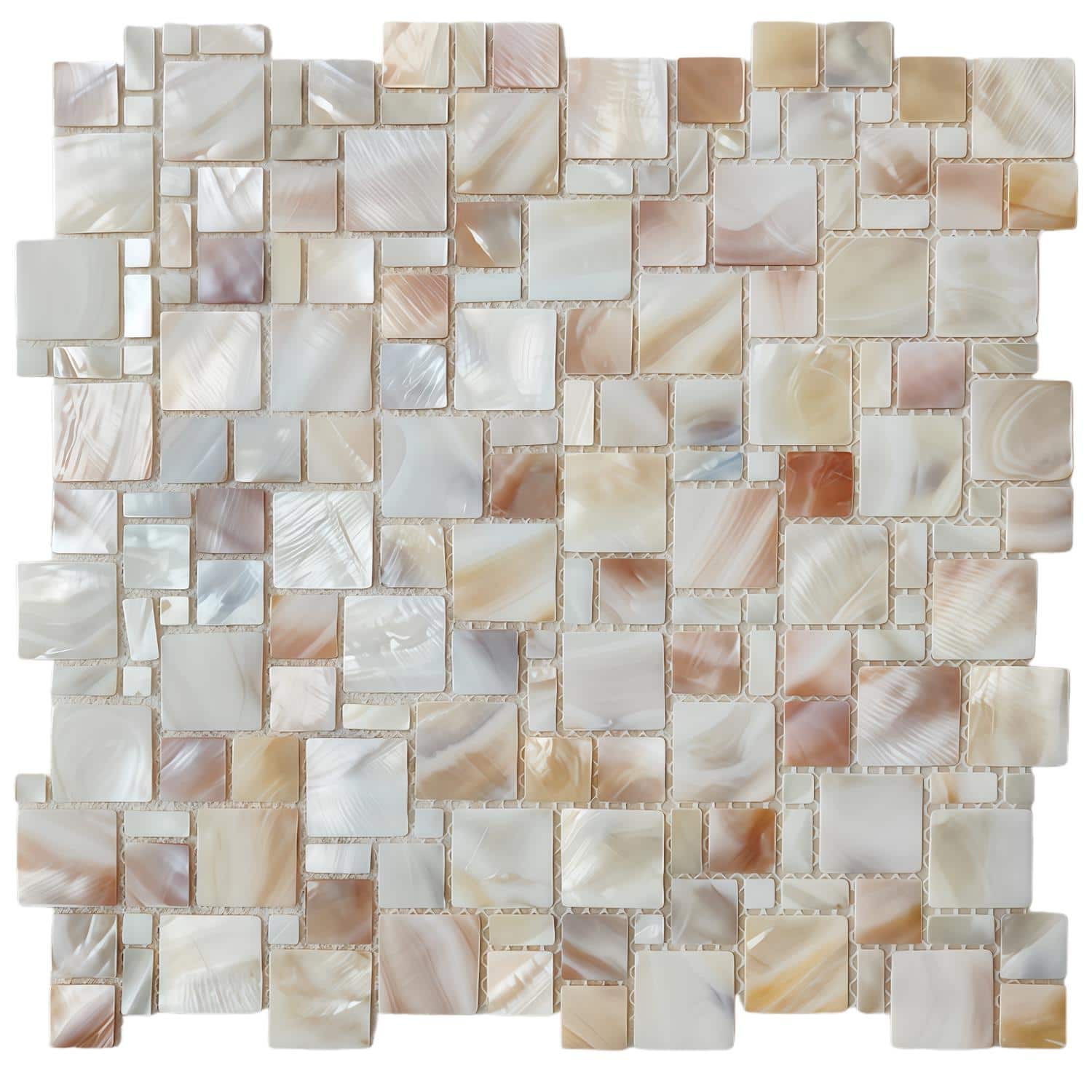 Shimmering white and beige mother of pearl mosaic tile with a smooth, glossy texture.