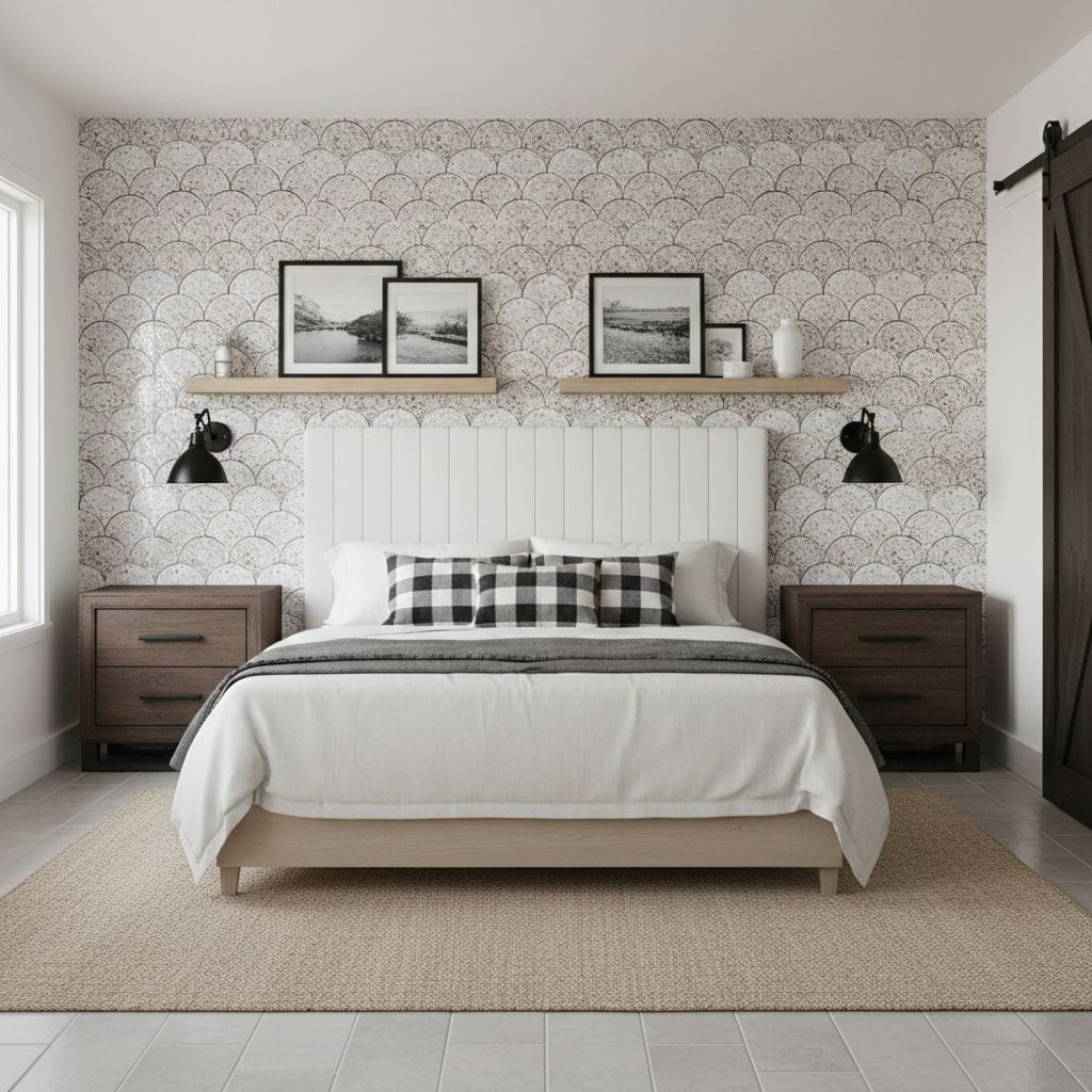 A bedroom featuring a white bed with black and white checkered pillows, flanked by dark wood nightstands, and a patterned wal.
