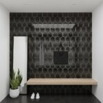 Black tile with gold geometric pattern, smooth texture, contemporary style.