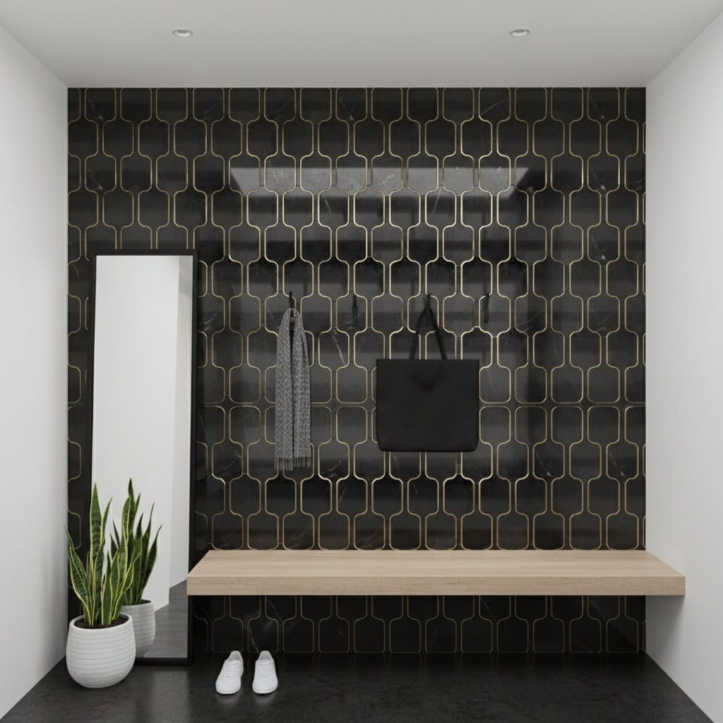 Black tile with gold geometric pattern, smooth texture, contemporary style.