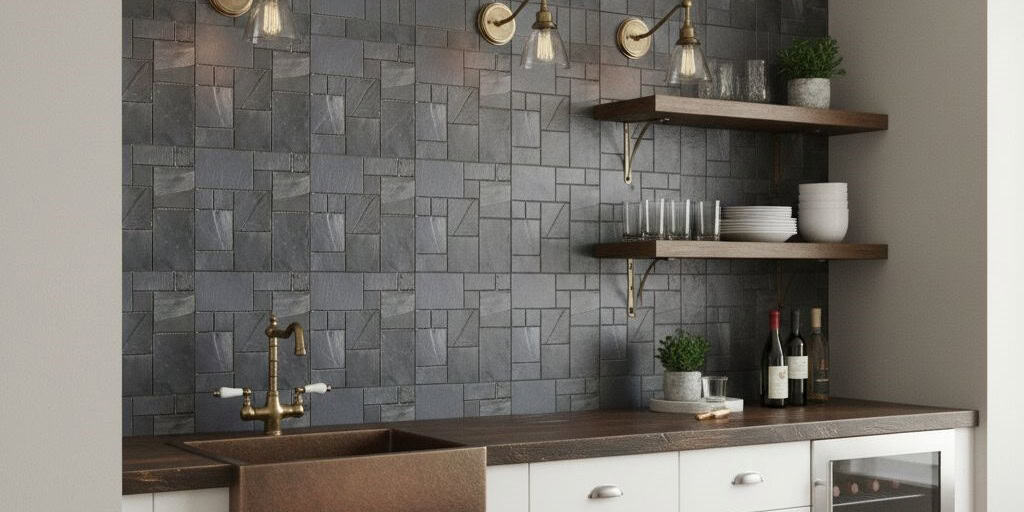 Gray slate tile wall with textured, matte finish and natural stone appearance.