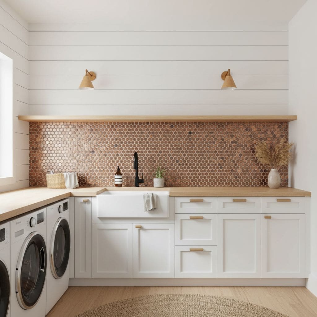 Ceramic hexagon tile backsplash with warm brown tones and matte finish.