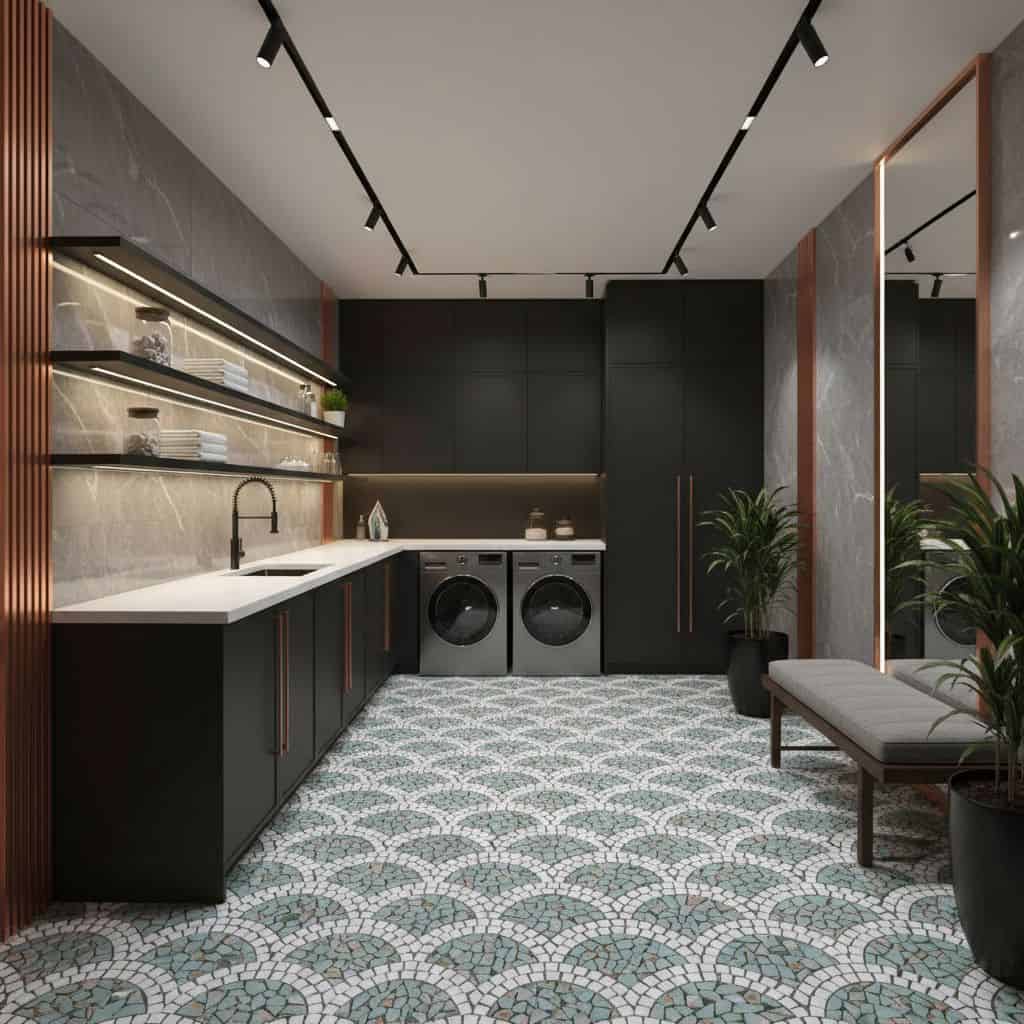 A modern laundry room featuring black cabinetry, a patterned tile floor with blue and white motifs, and sleek design elements.