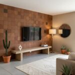 Terracotta tiles, warm earthy tones, textured surface, contemporary design.