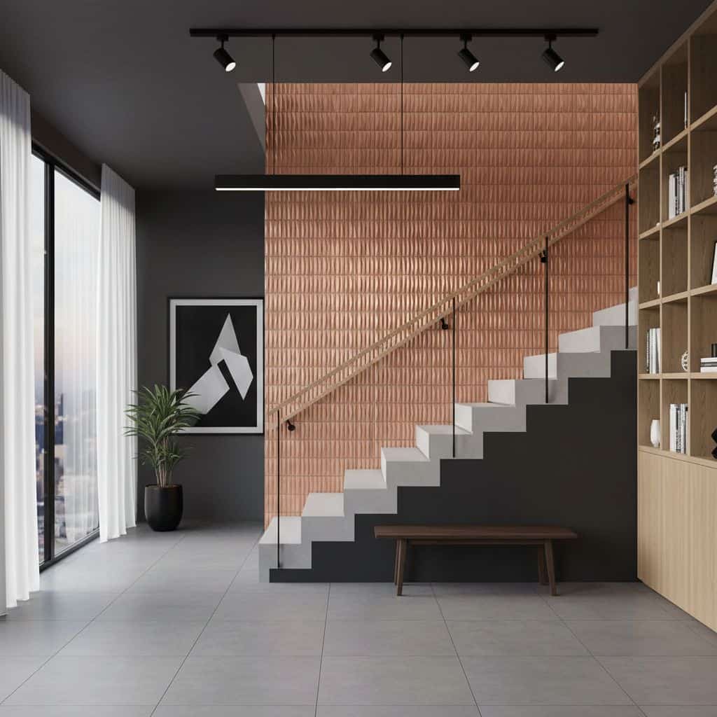 Staircase featuring wooden tiles with a textured finish, black wall background, and a minimalist wooden handrail in a contemp.