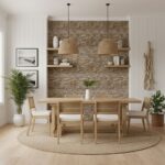 Natural beige stone wall tile with textured surface, creating a warm and inviting dining area ambiance.