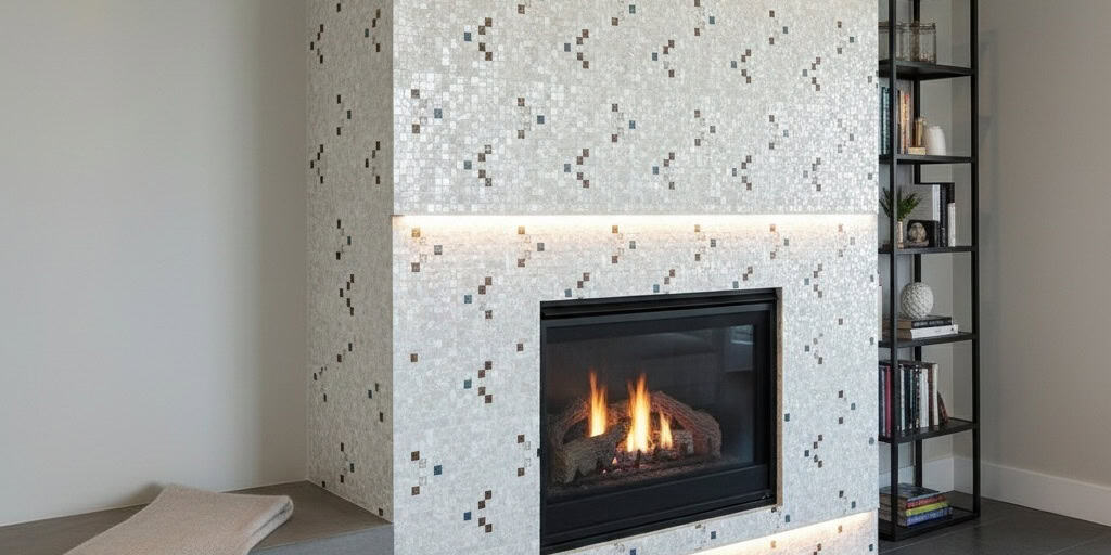 White and black mosaic tiles with a textured surface surrounding a sleek black fireplace.