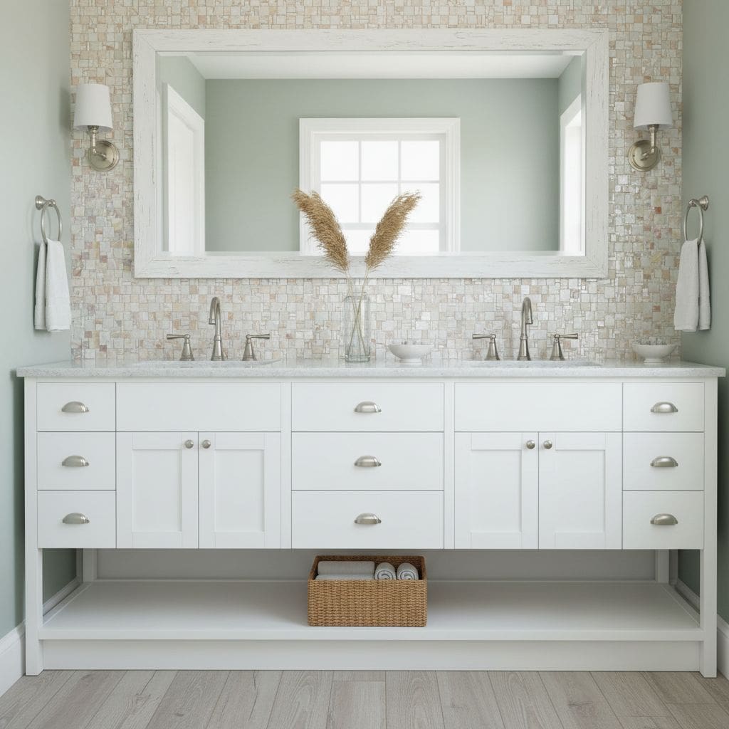 Bright white bathroom vanity with a large mirror and two wall-mounted lights.