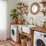 Bright laundry space featuring a white farmhouse sink, wooden countertops, and green potted plants.