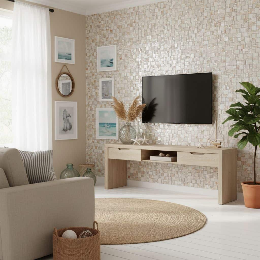 Light beige mosaic tile with textured surface and subtle shine.