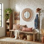 A cozy entryway featuring a rattan mirror, textured mosaic tiles, and boho-style accessories creating a warm, inviting atmosp.