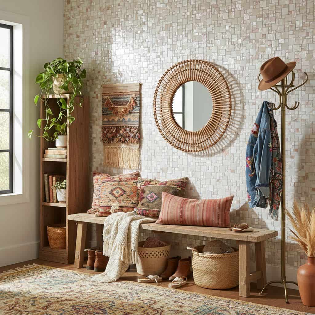 A cozy entryway featuring a rattan mirror, textured mosaic tiles, and boho-style accessories creating a warm, inviting atmosp.