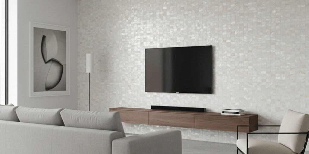 White mosaic tile wall with small, glossy, textured tiles creating a shimmering surface.