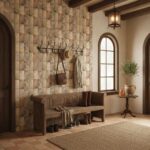 Stone tile wall with earthy tones and textured surface.