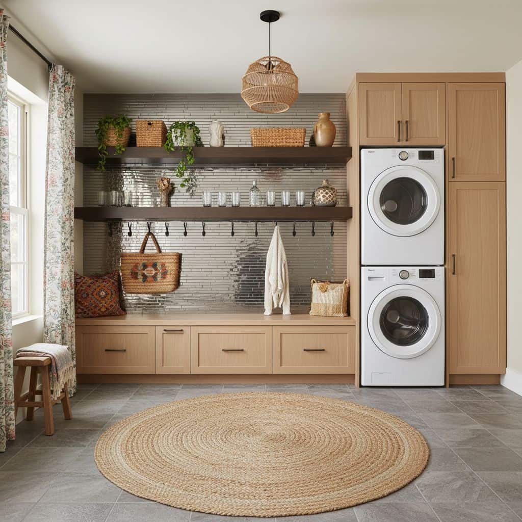 Gray textured tile backsplash with beige cabinetry and stacked washer and dryer.