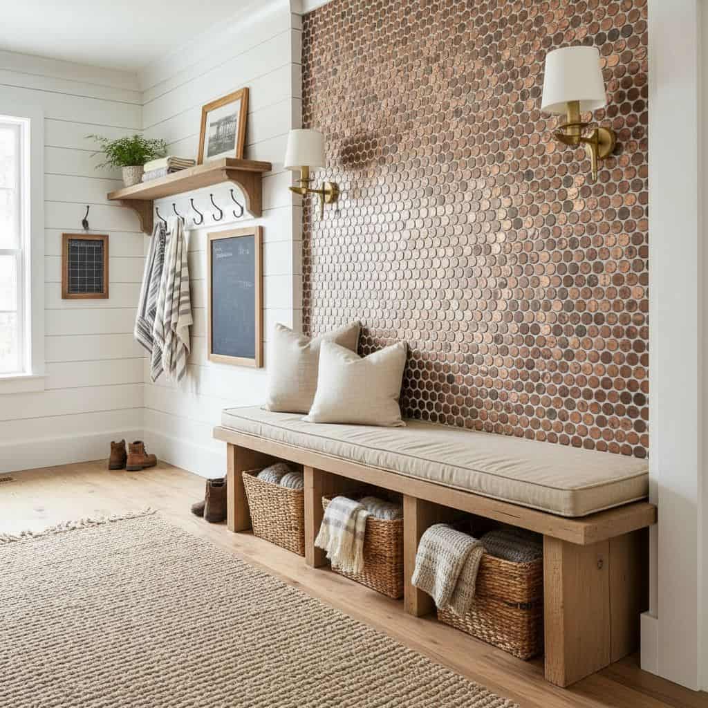 Brown circular mosaic tile wall with textured surface in a cozy entryway.