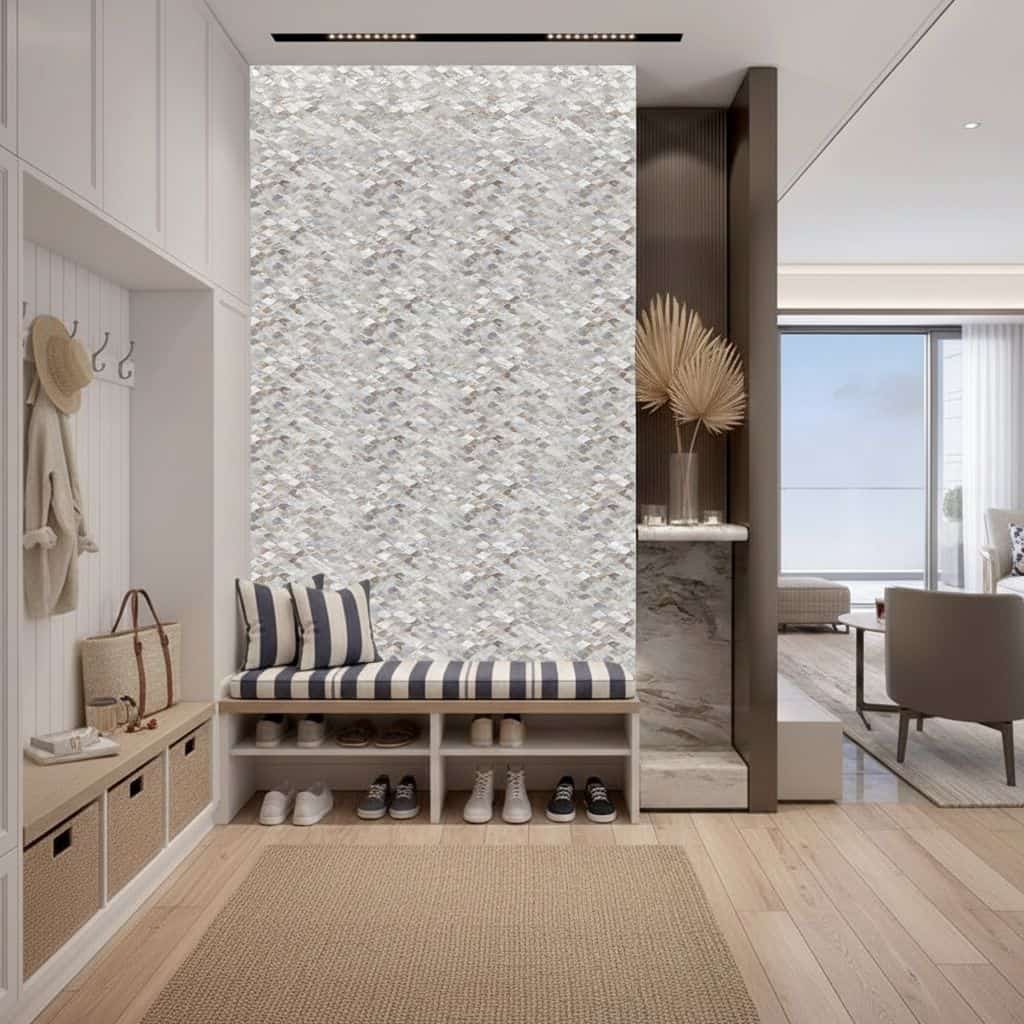 Neutral pebble-textured tile wall accent with a calming, natural appearance. Perfect for adding subtle texture and elegance t.
