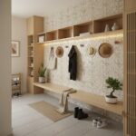 Beige textured wall tile with wooden hooks, shelves, and decor in a modern entryway.