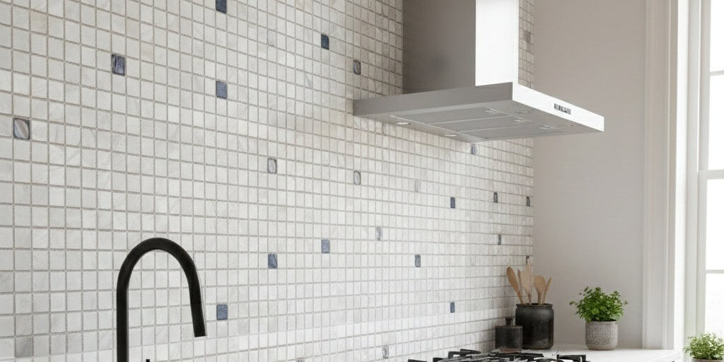 White and blue mosaic ceramic tiles with smooth texture and glossy finish.