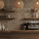 Beige stone tile with textured surface and natural finish, used as a wall covering in interior design.