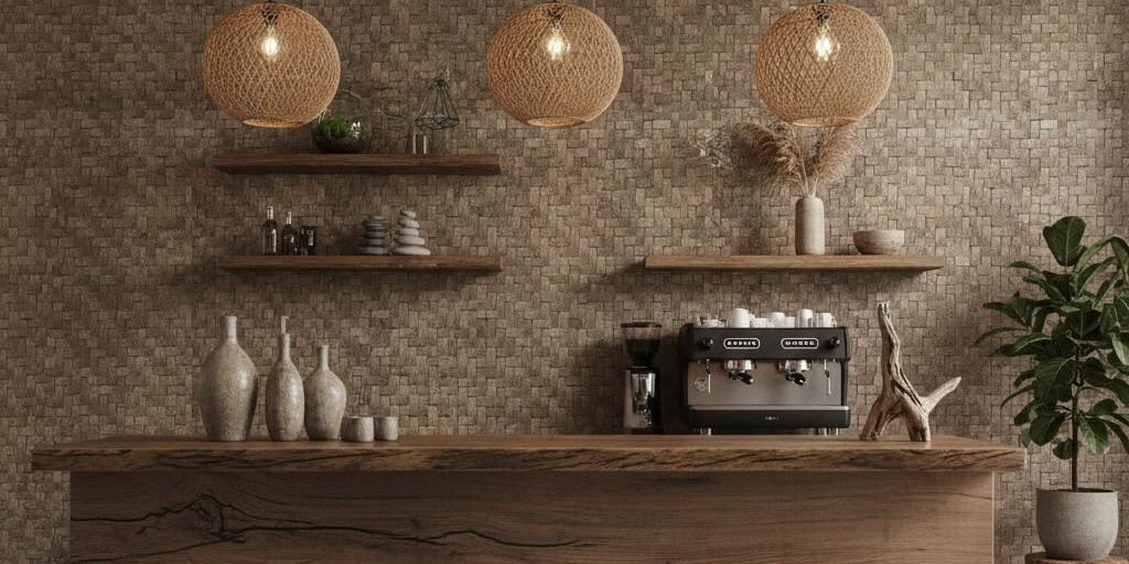 Beige stone tile with textured surface and natural finish, used as a wall covering in interior design.