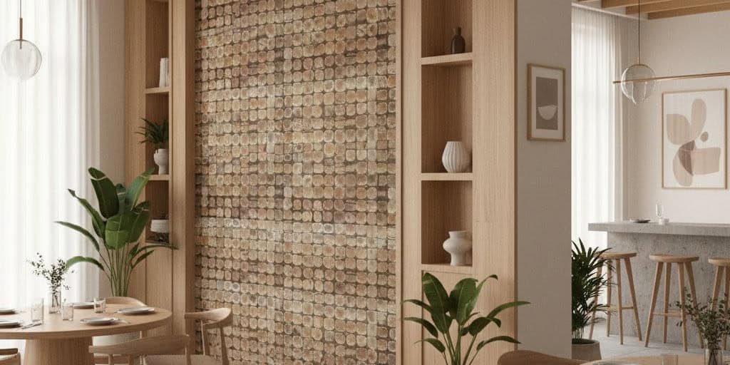 A beige mosaic tile wall with textured, small square tiles in a contemporary living space, complemented by wooden shelves and.
