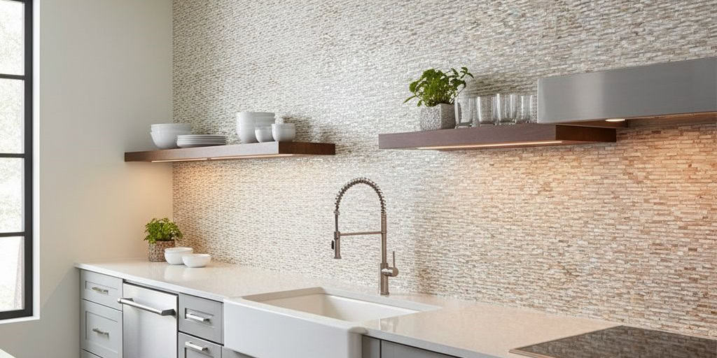 Bright white ceramic tile with a textured, pebble-like surface in a contemporary kitchen setting.