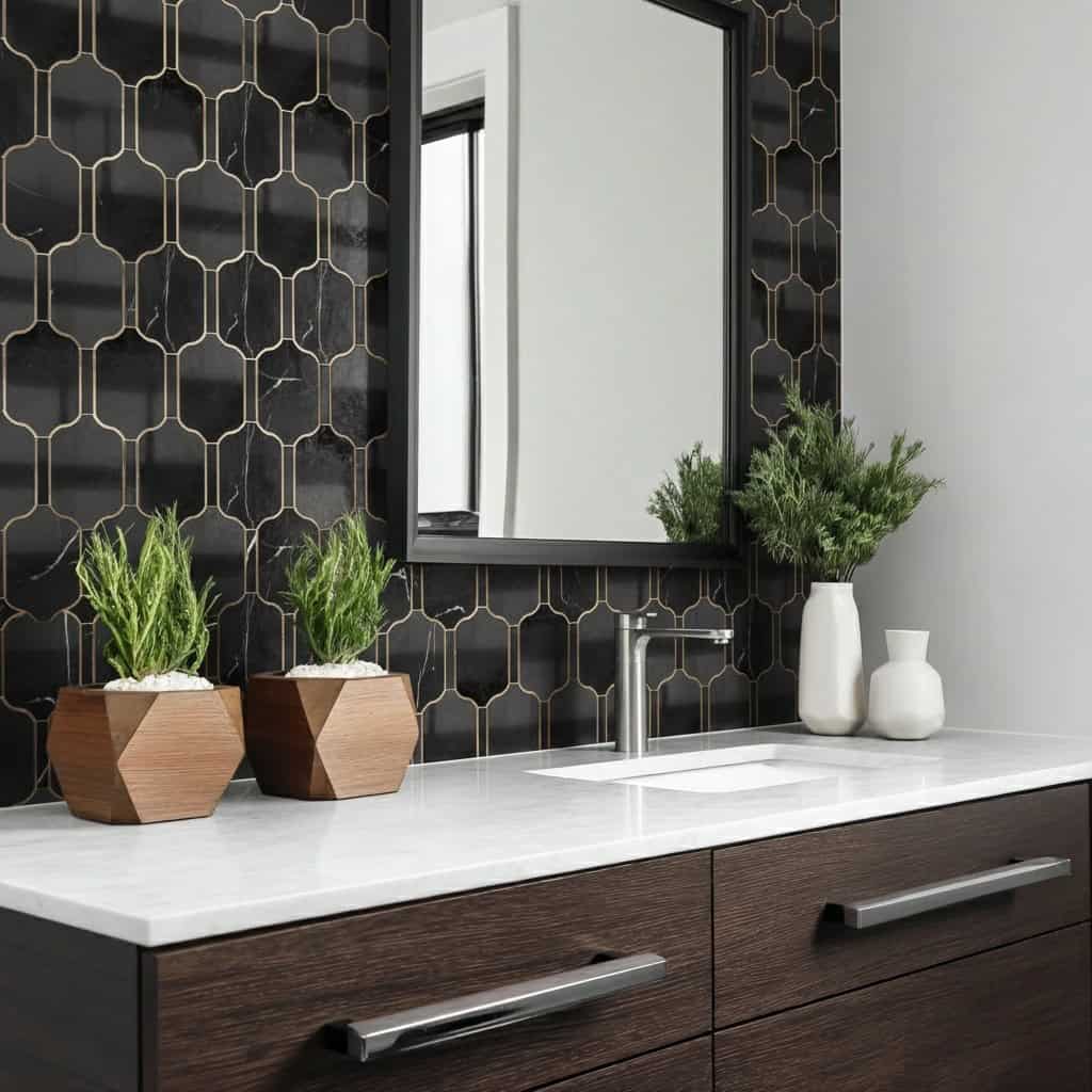 Black and gold geometric patterned tile with a glossy finish.