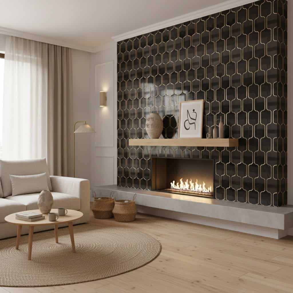 Black hexagon tile with matte finish and subtle texture.