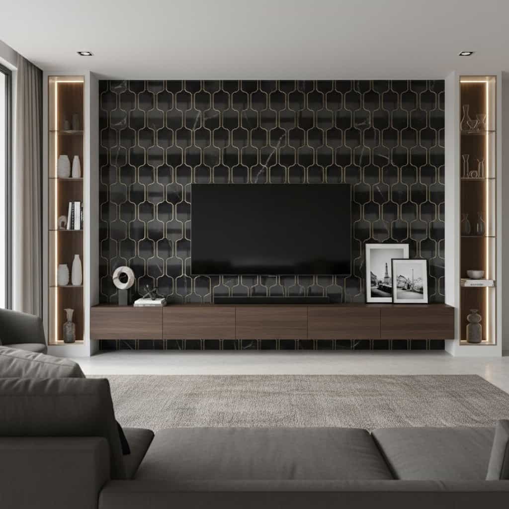 Black and gold textured wall tile with geometric pattern, ideal for contemporary living room design.