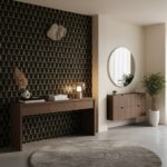 Black geometric patterned wall tile with gold accents, textured surface, modern style.