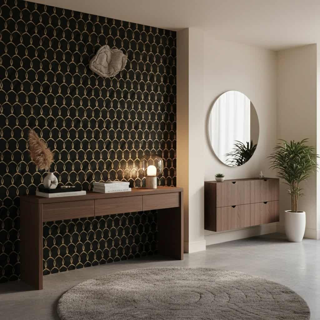 Black geometric patterned wall tile with gold accents, textured surface, modern style.
