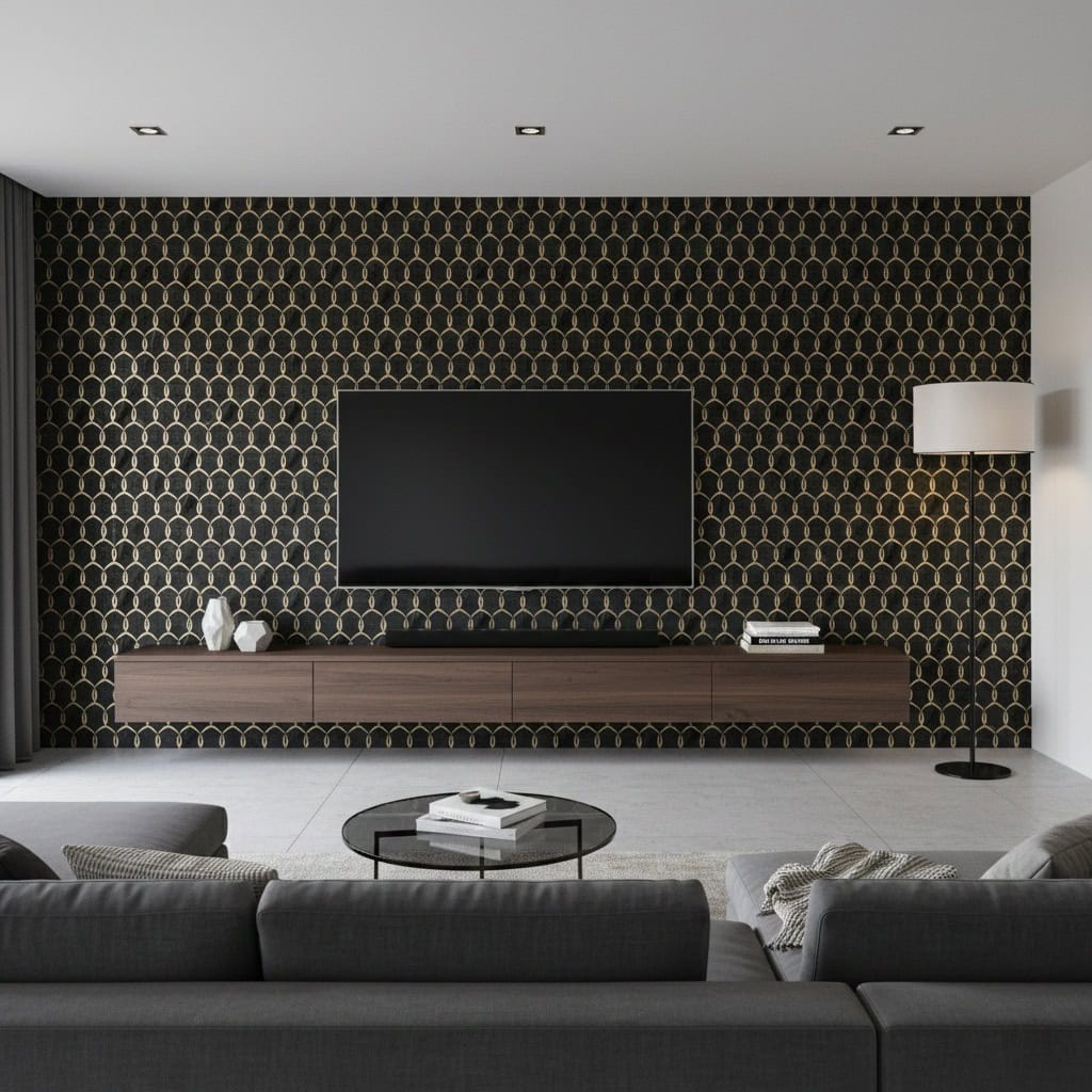 Black tile with gold geometric pattern, smooth texture, contemporary style.
