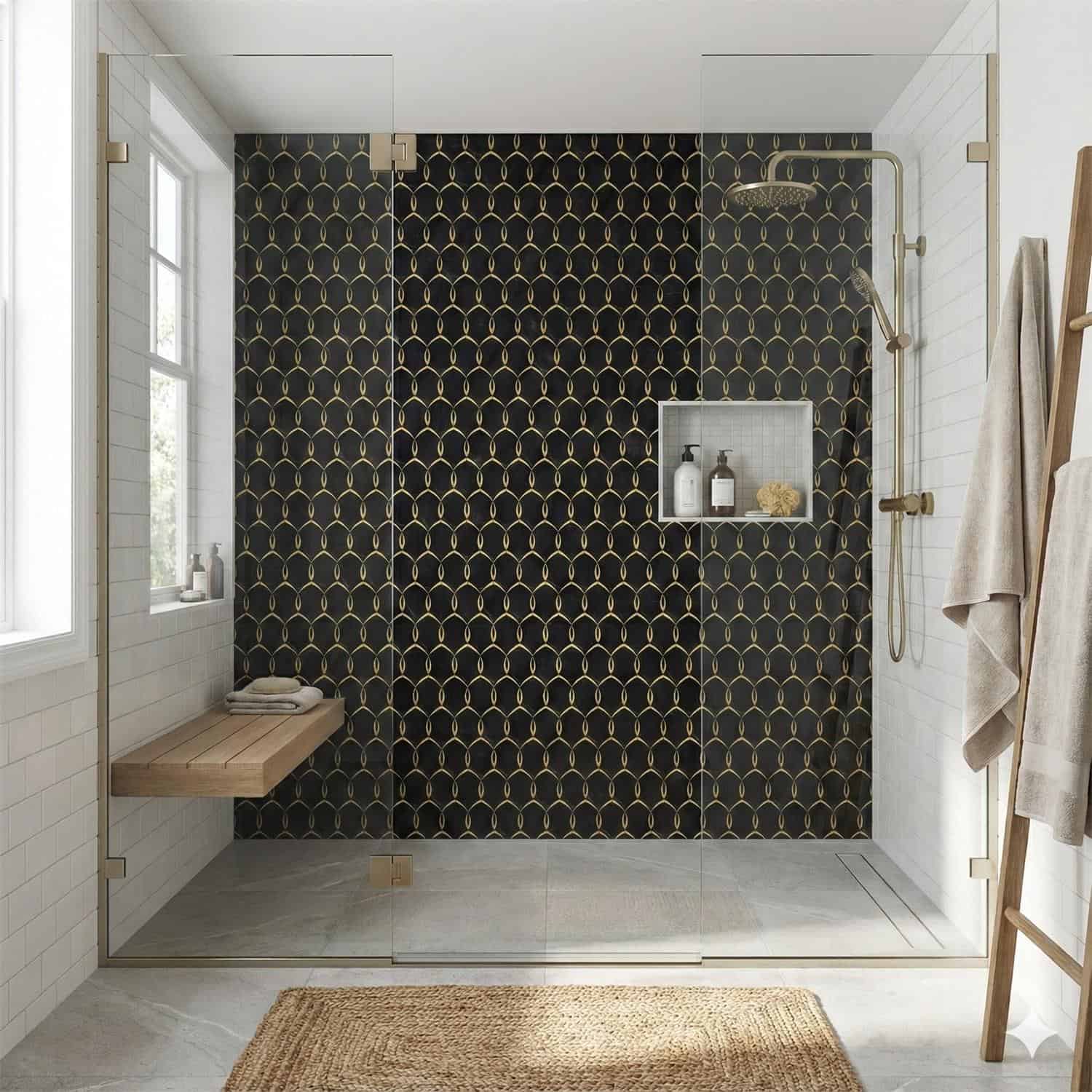 Black and gold geometric patterned tile with a matte finish in the shower area.