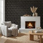 Black wallpaper with gold geometric pattern, textured finish, and elegant design.