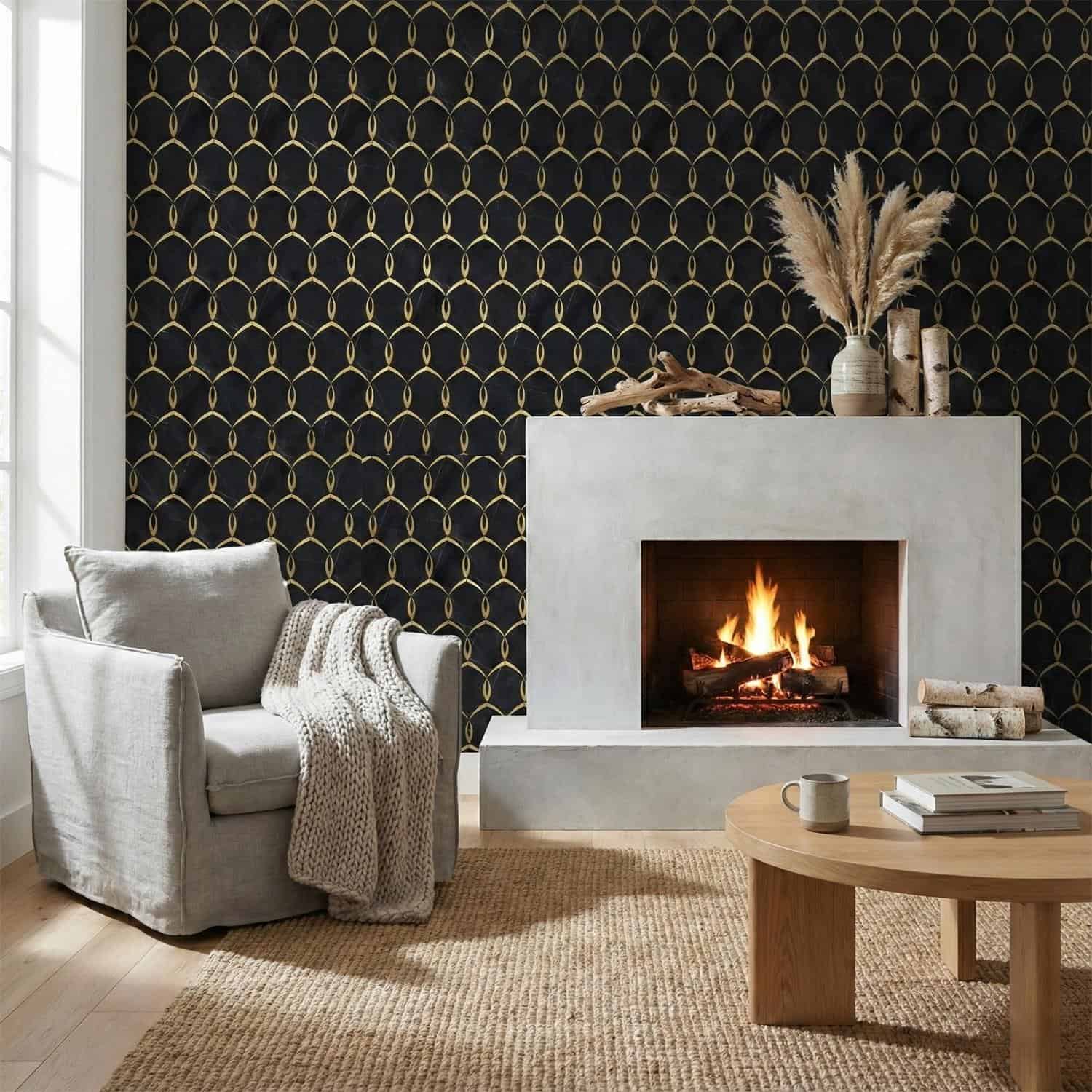 Black wallpaper with gold geometric pattern, textured finish, and elegant design.