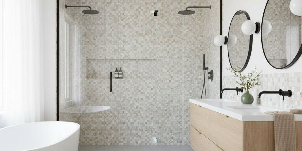 Beige mosaic tile with textured surface, used on bathroom walls for a contemporary look.