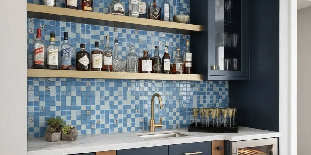 Blue mosaic tile with textured surface and glossy finish.